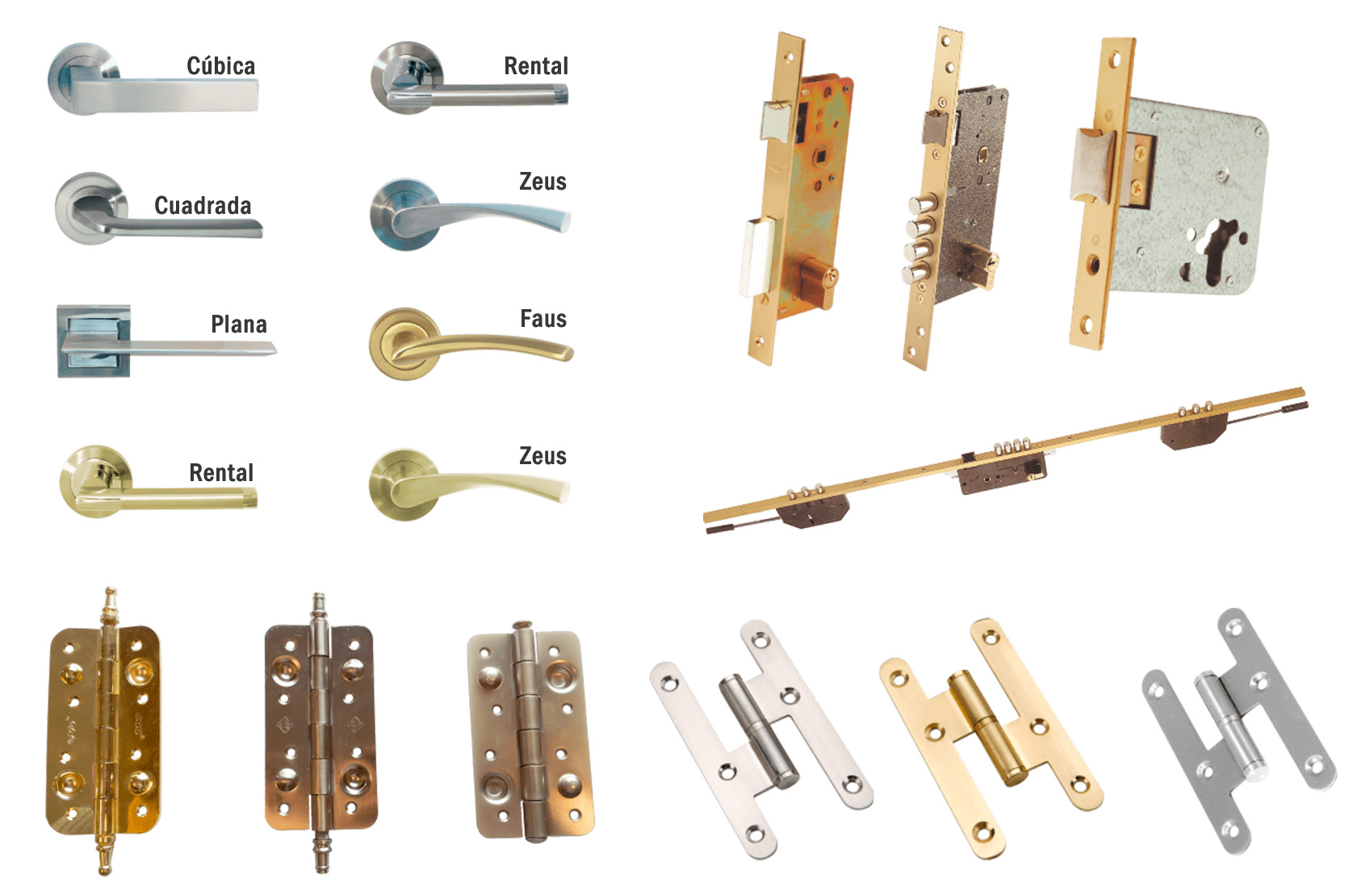 Montajes de herrajes con diferentes acabados para puerta en block Montajes de herrajes con diferentes acabados para puerta en block